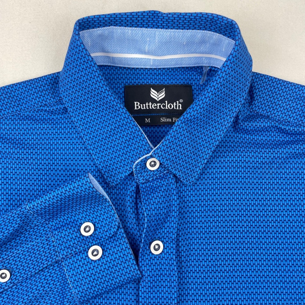 Buttercloth Mens Blue Geometric Basketweave Slim Fit‎ Long Sleeve Shirt Size M